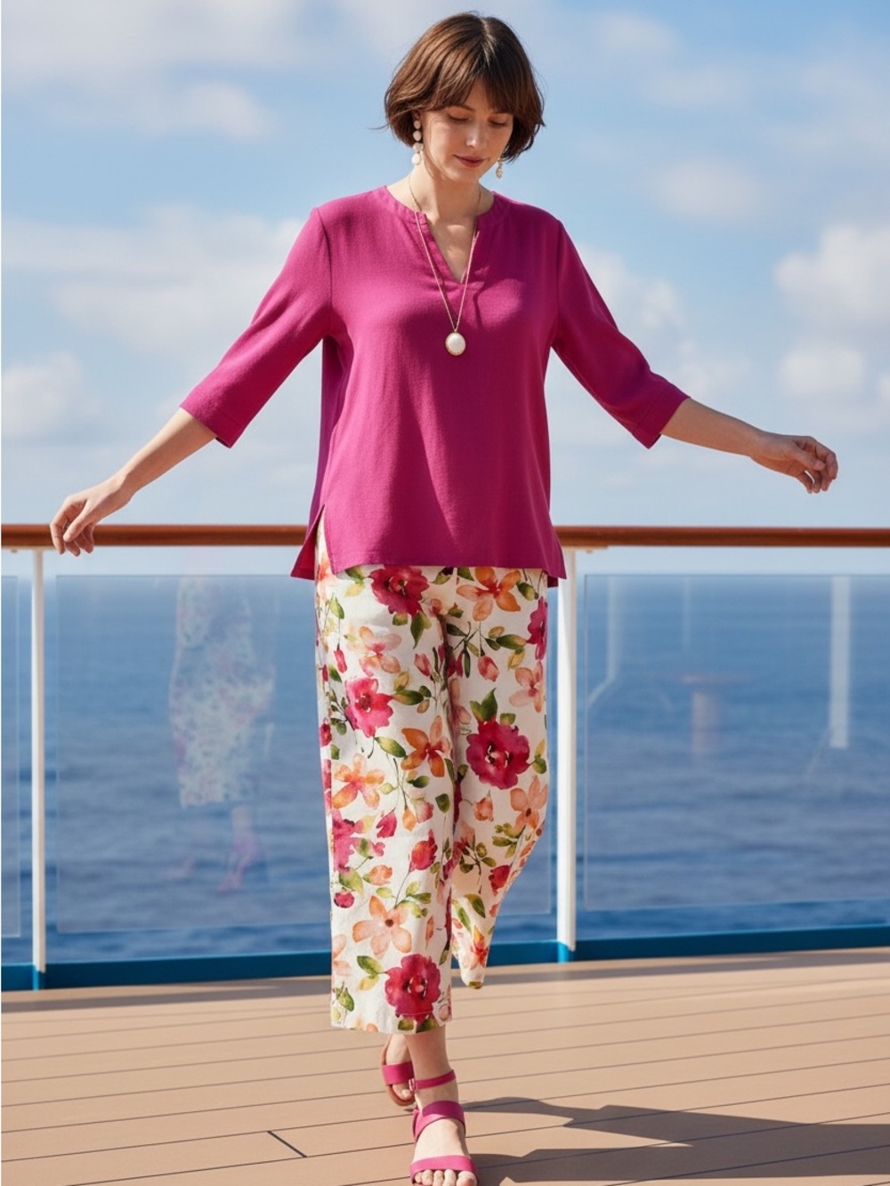 Women's Fuchsia Split-Hem Tunic Top and Floral Cropped Pants Set